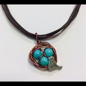 Robin Birdsnest Necklace with 3 turquoise eggs